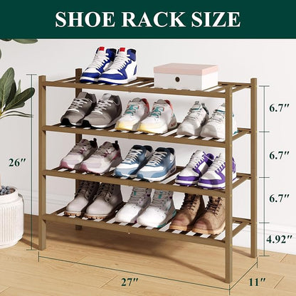 Smiry Bamboo Shoe Rack for Closet, 4 Tier Wooden Stackable Shoe Organizer - Image 2