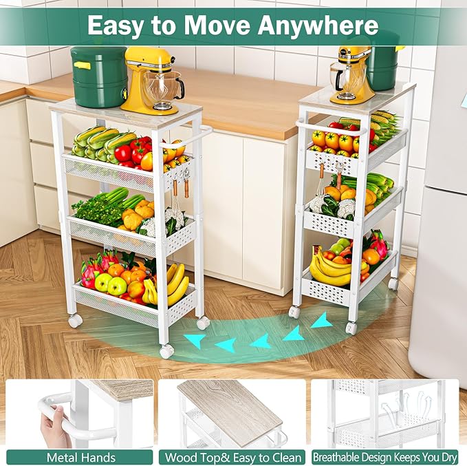 Utility Slim Storage Cart with Wheels, 4 Tier Small Rolling Cart with Wood Top - Image 7