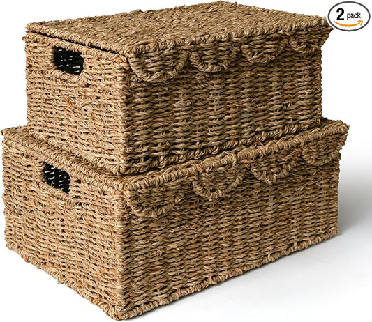 KOKODO Set of 2 Scalloped Wicker Baskets – Handwoven Rectangular Seagrass by KOKODOHOMEPROJECT