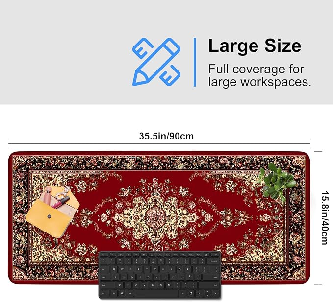Red Vintage Persian Rug Mouse Pad – Large Extended Desk Mat 35.43 x 15.75 in – - Image 3