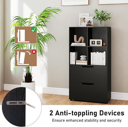 Giantex Bookshelf with 4 Cubes & 2 Drawers, 51” Tall Floor Bookcase with - Image 6