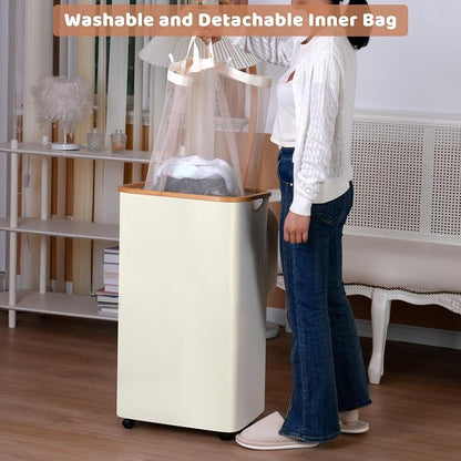 Laundry Basket with Wheels, 110L Beige Clothes Hamper - Image 4