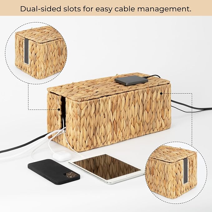 StorageWorks Large Cable Management Box, 2 Slots Wicker Cable Organizer to Hide - Image 3