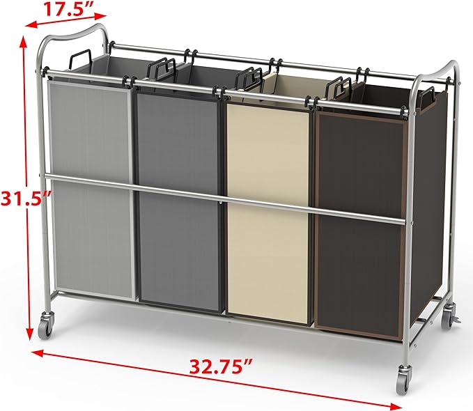 Simple Houseware 4-Bag Heavy Duty Laundry Sorter Rolling Cart - Image 5