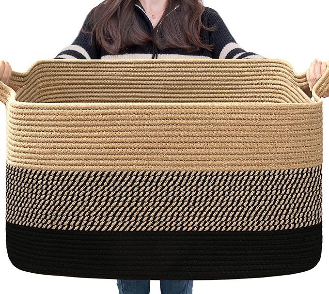 Goodpick Woven Blanket Basket, 21.6" x 14.9" x 11.8" Wicker Laundry Basket by Goodpick