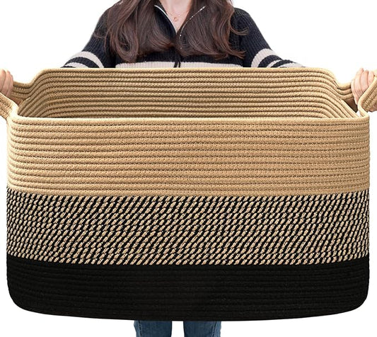 Goodpick Woven Blanket Basket, 21.6" x 14.9" x 11.8" Wicker Laundry Basket by Goodpick