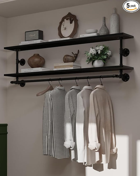 Black Clothes Rack 60in, 2-Tier Wall Mounted Garment Rack by INDUSTRIALSHELVESDESIGN