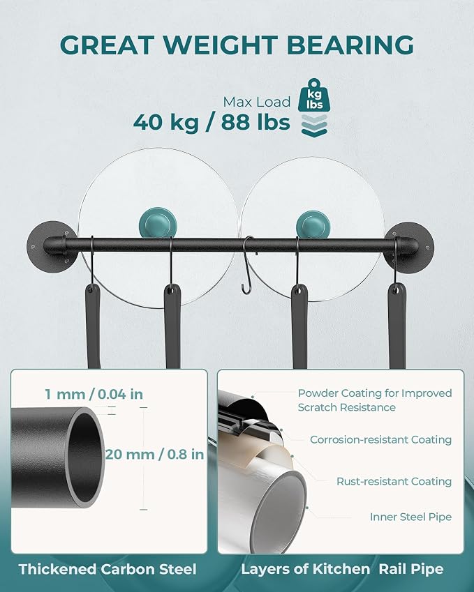 OROPY Wall Mounted Pot Pan Rack 21'' Set of 2, Industrial Utensils Wall Hanger - Image 5