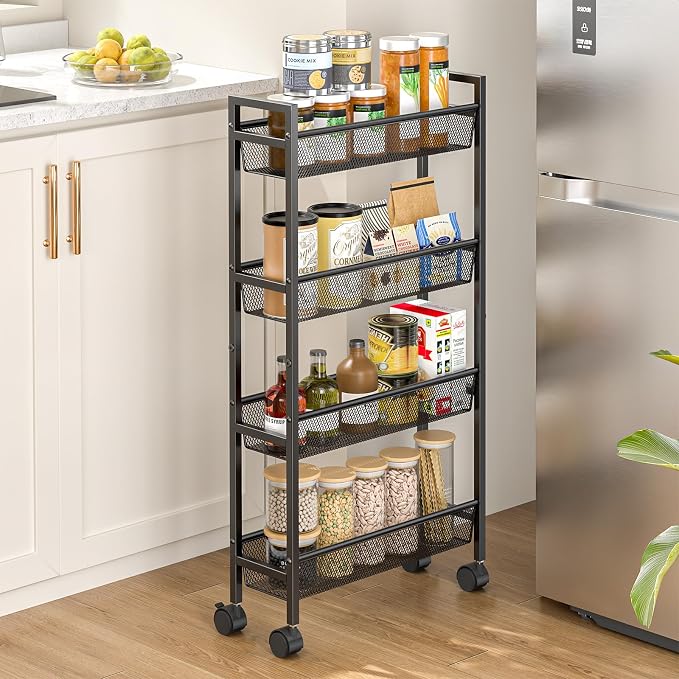 Slim Storage Rolling Cart, 4 Tier Narrow Cart by ThreeHio