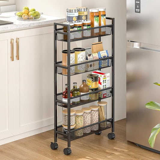 Slim Storage Rolling Cart, 4 Tier Narrow Cart by ThreeHio