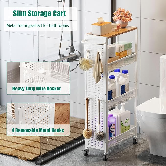 Slim Rolling Storage Cart with Wheels, 4-Tier Metal Utility Cart with Handle & - Image 6