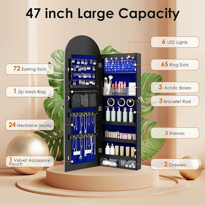 47in Tall Jewelry Cabinet Organizer, Arched Wall or Door Mounted Jewelry Armoire - Image 3