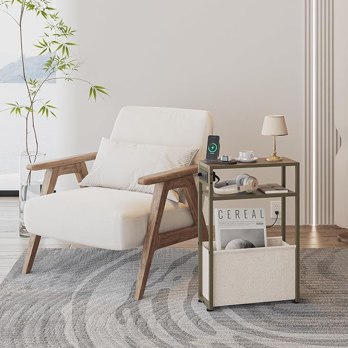 Green Side Table with Charging Station, Slim End Tables with Linen Basket - Image 3