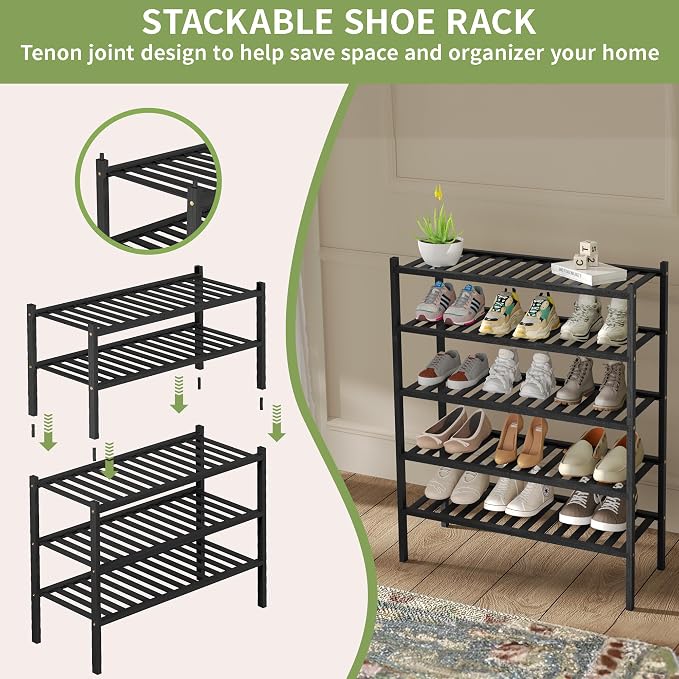 2 Tier Bamboo Shoe Rack for Closet Free Standing Wood Shoe Shelf for Entryway - Image 5