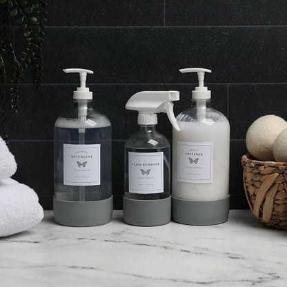 Glass Laundry Dispenser Set w/Silicone Base, 2x 34 oz & 1x 17 oz Pump Dispensers - Image 9