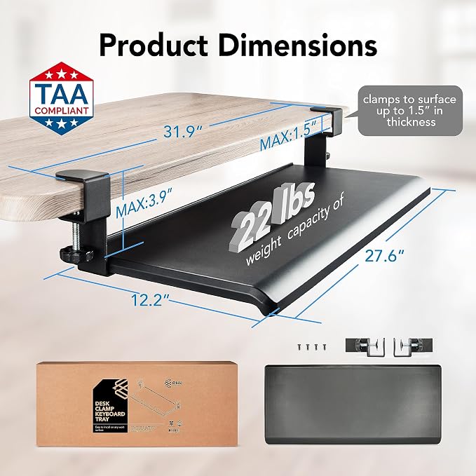 EHO Under Desk Keyboard Tray, Large 27.5" x 12.2" Slide-Out Clamp-On Drawer - Image 4
