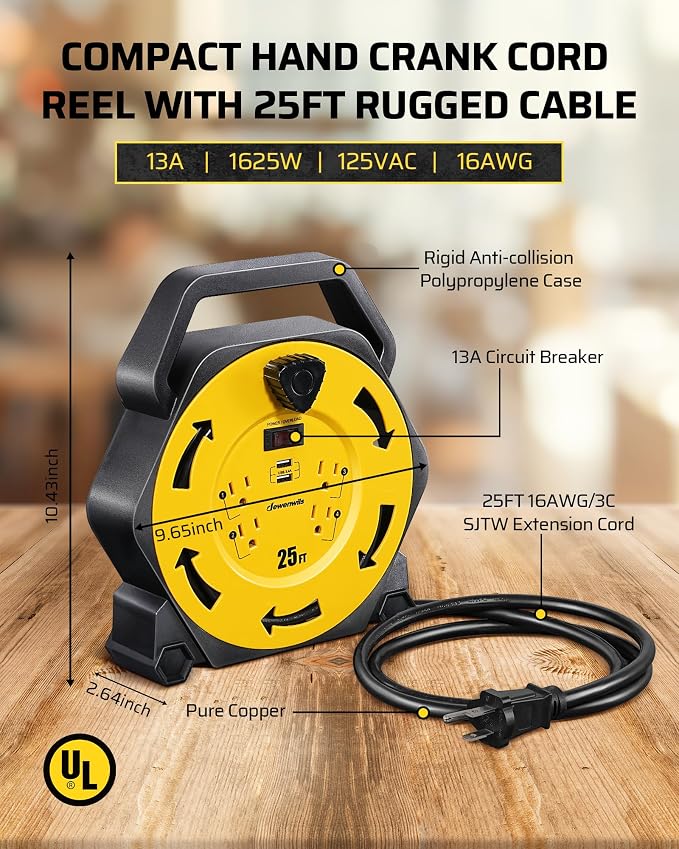 DEWENWILS Cord Reel with 4 Power Outlets, 2-USB Ports, 25FT Retractable - Image 3