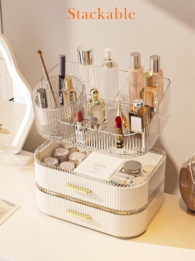 Makeup Organizer with Stackable Drawer, 360 Rotating Makeup Brush Holder - Image 4