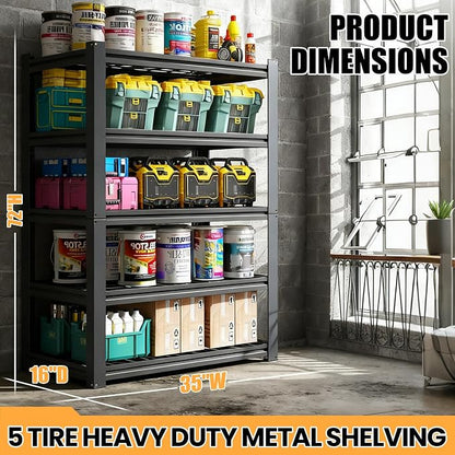 Heavy Duty Garage Shelving, Metal Storage Shelves, 5 Tier Adjustable Storage - Image 2