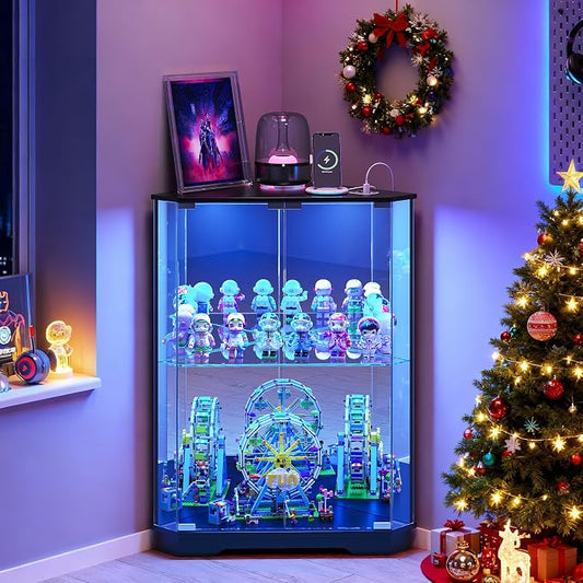 Corner Display Cabinet with Glass Doors, Small Display Case with 3-Color LED by CraftYourIdealHomeLife