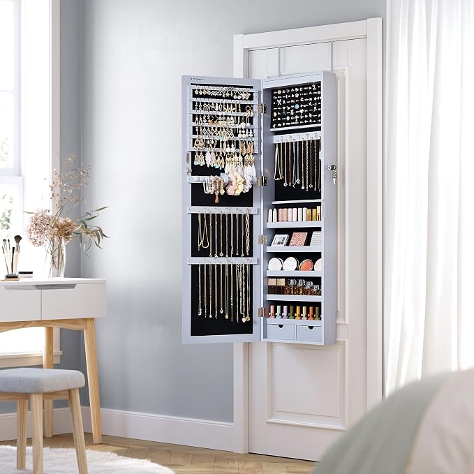 SONGMICS 6 LEDs Mirror Jewelry Cabinet, 47.2-Inch Tall Lockable Wall or Door - Image 8
