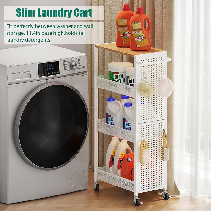 4-Tier Slim Storage Cart with Wheels, Small Mobile Organizer Shelf with Wooden - Image 5