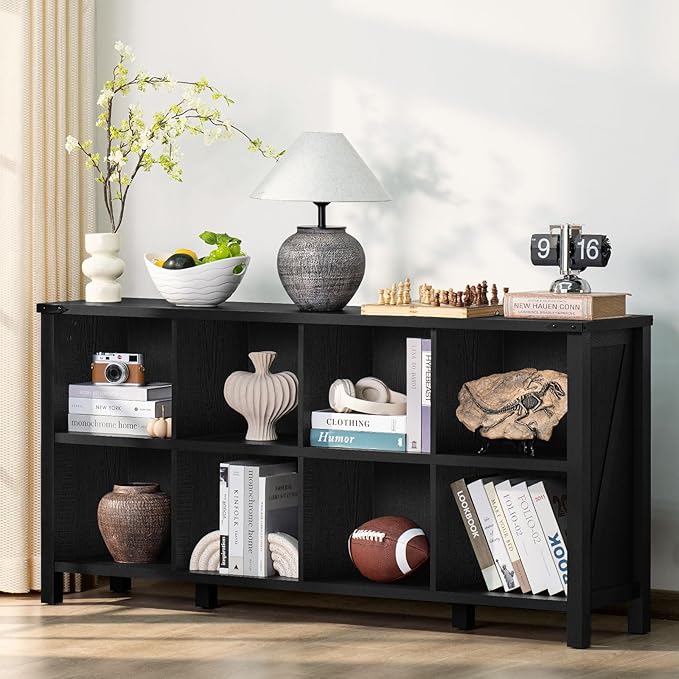 8 Cube Book Shelf, Farmhouse Wood Long Storage Organizer Bookcase, Hallway TV by Joaxswe
