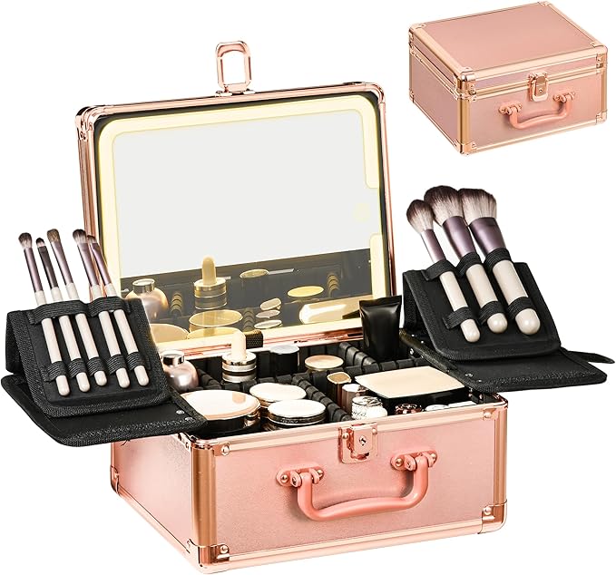 Rose Gold Makeup Case with Lighted Mirror, Detachable LED Mirror, Travel Makeup by Unknown