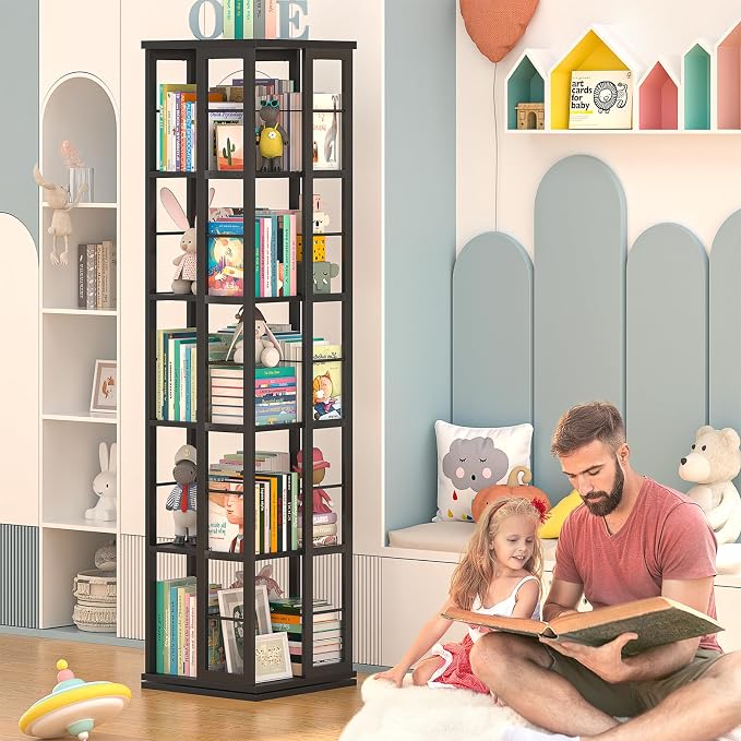 Aheaplus Rotating Bookshelf, Corner Bookcase, 360 Display Wood Spinning - Image 4