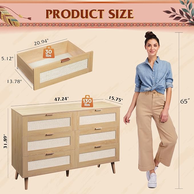 WLIVE Rattan Dresser for Bedroom, 6 Drawer 47.24'' Wide Boho Wood Dresser - Image 3