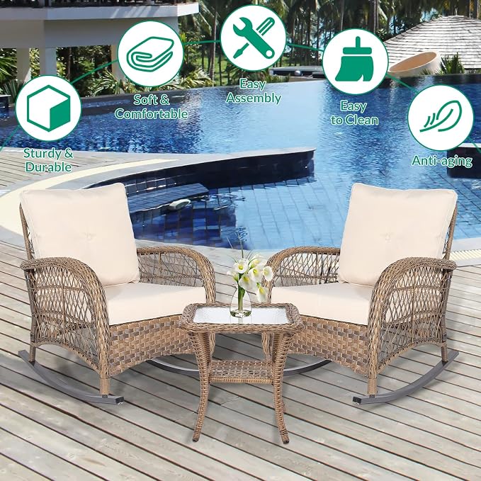 VIVIJASON 3-Piece Outdoor Conversation Bistro Set, Patio Wicker Rocking Chairs - Image 5
