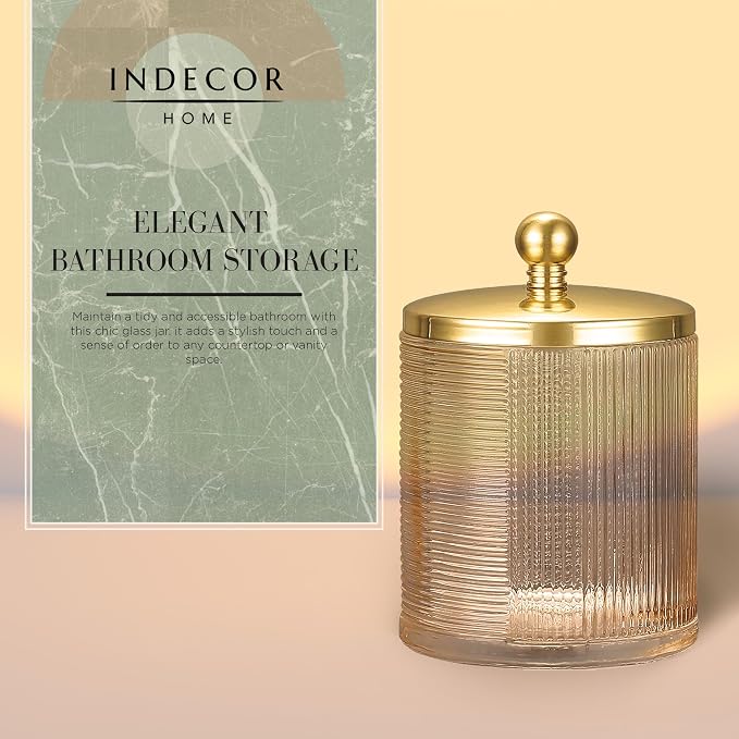 Tan Colored Tranlucent Apothecary Ribbed Geometric Etched Glass Jar W/Gold - Image 3