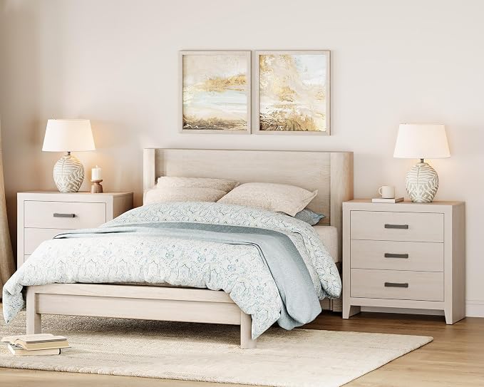 WAMPAT Farmhouse 3 Drawer Nightstand Set of 2, Large Wood Bedside Tables - Image 2