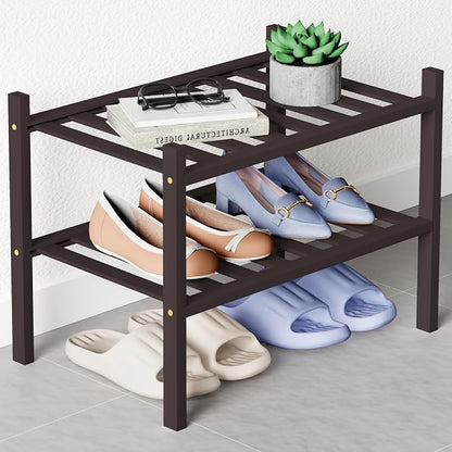 Smiry Bamboo Shoe Rack for Closet, 2 Tier Small Wooden Stackable Shoe Organizer by Smiry