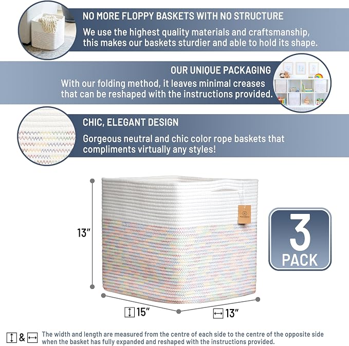 NaturalCozy 13x15x13 Kallax Storage Cubes Bins, 3 Pack | Cotton Rope Cube - Image 2