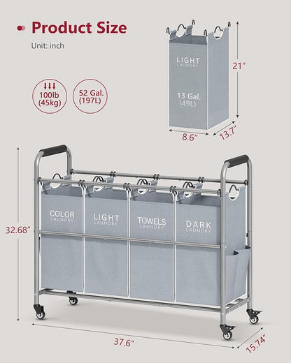 Tajsoon 4 Bag Laundry Sorter Cart, 4 Section Laundry Hamper Sorter - Image 7