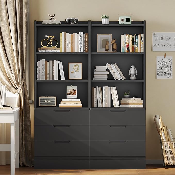 DICTAC Bookcase Set of 2 with 3 Drawers 73.23'' Bookshelf Storage Cabinets with - Image 2