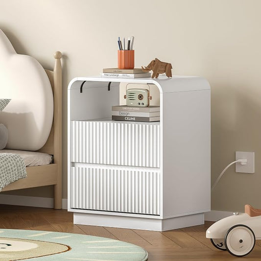 Dresser with 2 Drawers and Charging Station, Fluted Bedside Table with Round by BORNOON