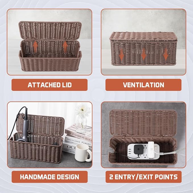 Cable Management Box, Handmade Rattan Cable Organizer, 2 Open Slots Cords Hider - Image 5