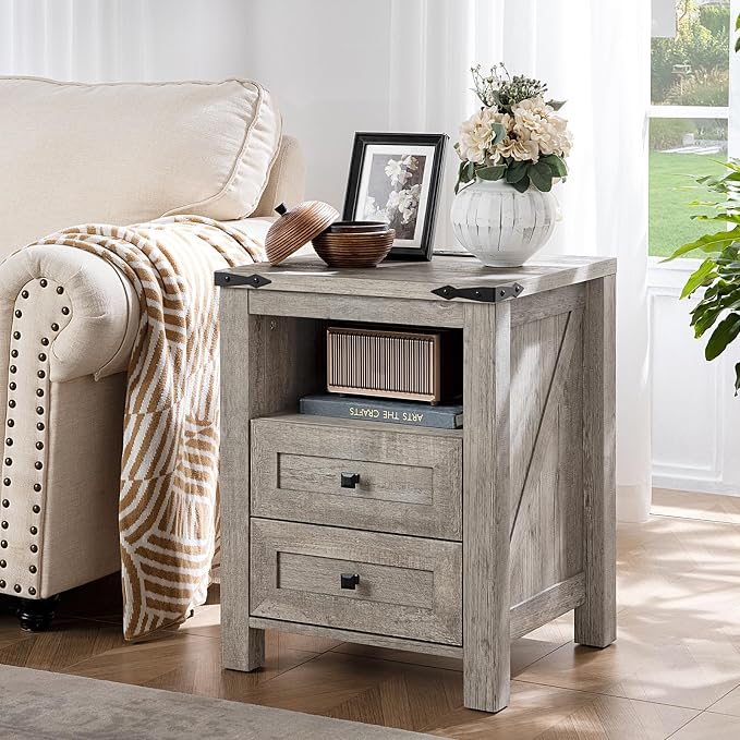 Nightstands Set of 2 with Charging Station, Farmhouse Night Stand with 2 - Image 2