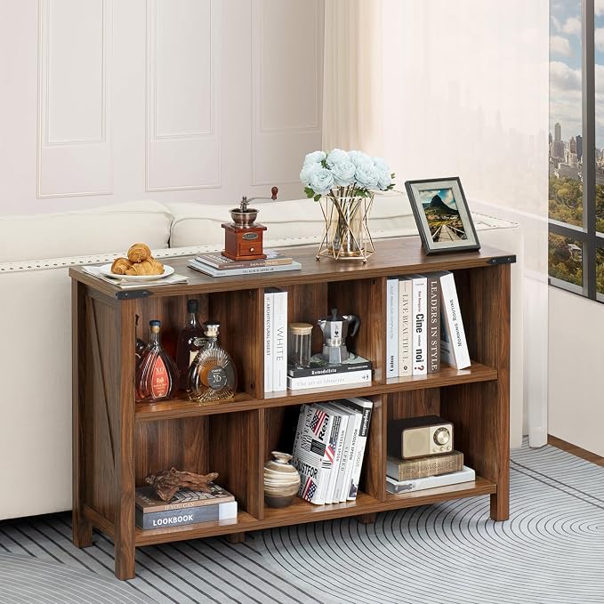 Farmhouse 6 Cube Book Shelf, Wood 3 Tier Storage Organizer Bookshelf, Rustic - Image 7