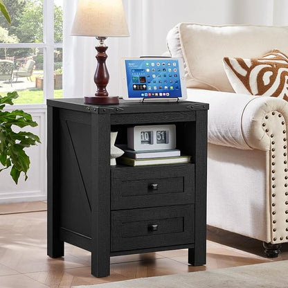 Night Stands with Charging Station Set of 2, Farmhouse Nightstand, Wooden - Image 6