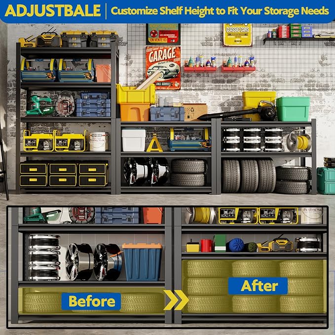 72''H Garage Shelving Heavy Duty, 3000LBS Storage Shelves, 5-Tier Adjustable - Image 5