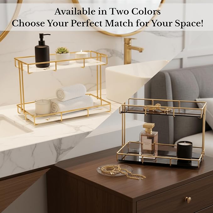 2-Tier White Marble Bathroom Countertop Organizer – Glass Shelves & Gold Metal - Image 6
