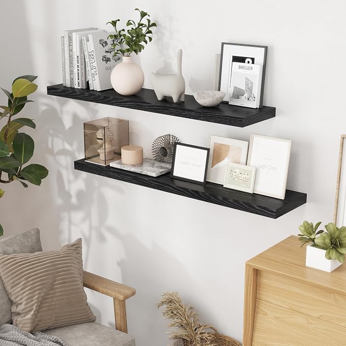 Fun Memories Black Floating Shelves 48 Inch Long, Wood Wall Shelves 48x9.3x1.5 - Image 2
