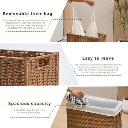 Slim Wicker Laundry Hamper, 75L Handwoven Rattan Basket - Image 5