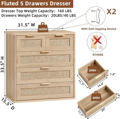 LEYAOYAO Rattan Dresser for Bedroom, 33.5" Tall Chest of Drawers, Modern 5 - Image 3