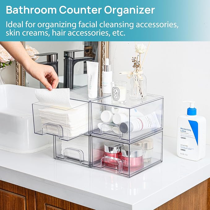 Vtopmart 4 Pack Small Clear Stackable Storage Drawers, Acrylic Bathroom Makeup - Image 7