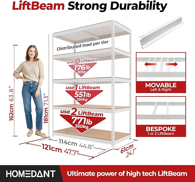 HOMEDANT 5 Tier Storage Shelves Adjustable Laminated Boltless Garage Metal - Image 2
