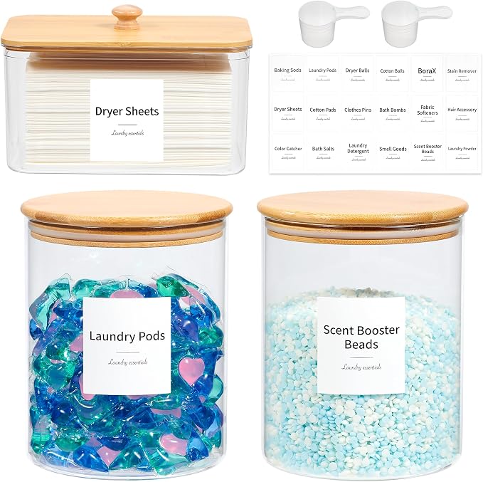 Glass Laundry Pods Container & Acrylic Dryer Sheet Holder by KitHero